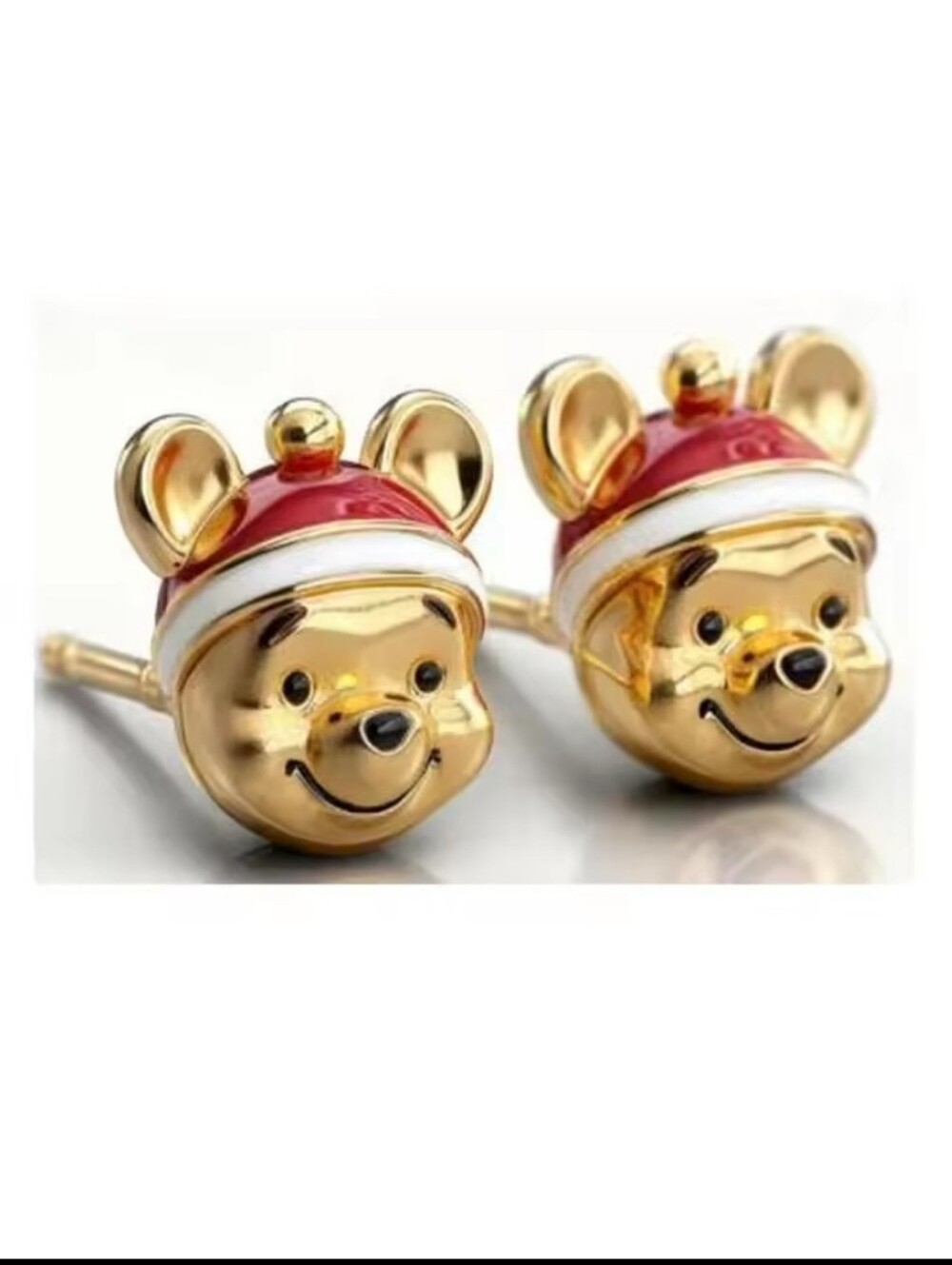 Gold Winnie The Pooh Face Stud Earrings with Red and White Hat